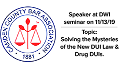 The Camden county bar association logo showing Kevin Leckerman was a speaker DWI seminar on 11/13/19