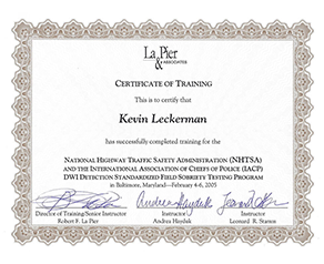 A certificate of training for Kevin Leckerman - La & Pier law