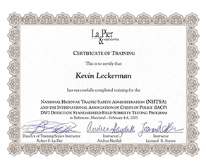 A certificate of training for Kevin Leckerman - La & Pier law