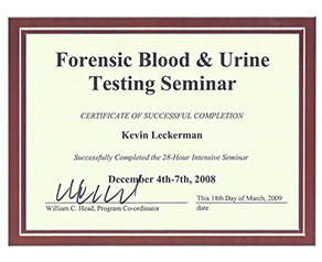 Certificate of Forensic Blood and Urine Testing Seminar - Kevin Leckerman