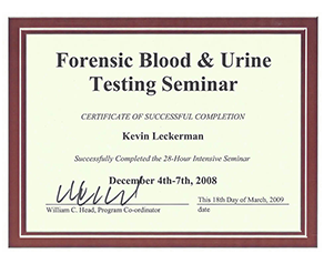 Certificate of Forensic Blood and Urine Testing Seminar - Kevin Leckerman