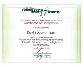 Center for Forensic Science Research & Education - Certificate of Completion Kevin Leckerman