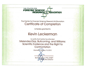 Center for Forensic Science Research & Education - Certificate of Completion Kevin Leckerman