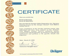 Certificate - Training completion for Dr. KC on breath analysis sequence. Instructor: Angeliner Dräger.