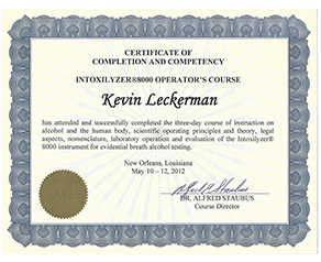 Certificate of Completion and Competency intoxilyzer88000 Operator's Course - Kevin Leckerman
