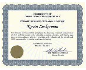 Certificate of Completion and Competency intoxilyzer88000 Operator's Course - Kevin Leckerman